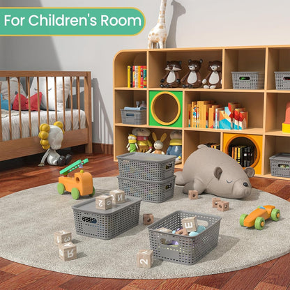 Plastic Storage Baskets with Lid - Plastic Storage Containers Stackable Storage bins: Storage Baskets for Organizing Shelves Drawers Desktop Closet Playroom Classroom Office, 8 Pack-Gray