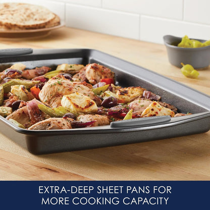 Rachael Ray 47577 3-Piece Cookie Pan Steel Baking Sheet Set, Sea Salt Gray Grips
