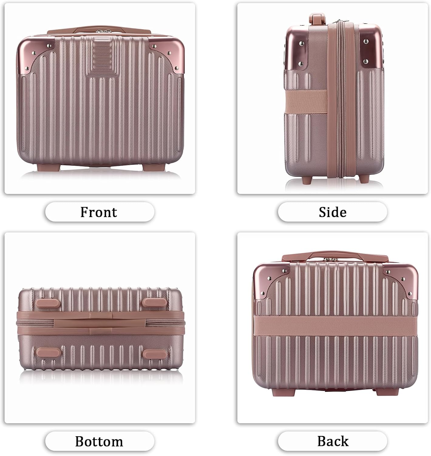 BSTKEY Portable Hard Shell Cosmetic Travel Case, Small Travel Hand Luggage with Elastic Band, Mini ABS Carrying Makeup Case Suitcase, Rose Gold
