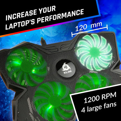 KLIM Wind Laptop Cooling Pad - More Than 500 000 Units Sold - New Version - The Most Powerful Rapid Action Cooling Fan - Laptop Stand with 4 Cooling Fans at 1200 RPM - USB Fan - PS5 PS4 - Green