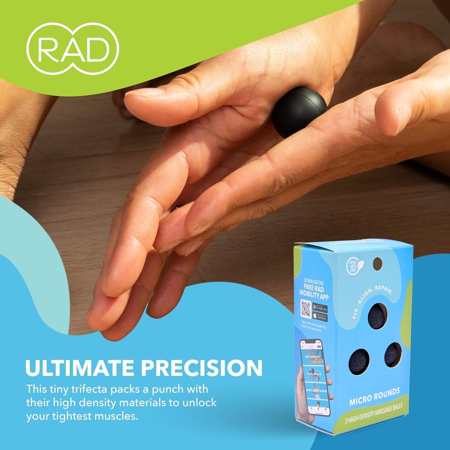 RAD Micro Rounds I Set of 3 High Density Massage Balls for Jaw, Feet and Hands Myofascial Release, Self Massage, Mobility and Recovery