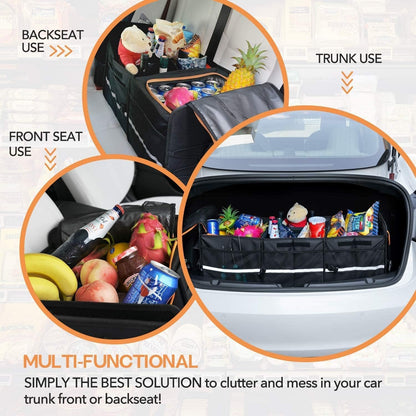 CULOTOL Large Trunk Organizer With Built-in Leakproof Cooler Bag,Car Organizers and Storage for SUV 4 Removable Dividers Collapsible Portable Non-Slip Bottom Tie Down Strap,Car Accessories