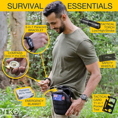 TKO Outdoor Professional Survival Kit - 20 in 1 Tactical Gear for Camping Hunting Hiking and Adventures | Equipment Including First Aid Kit, Knife, Flashlight + Tools | Gifts for Men Dad Husband