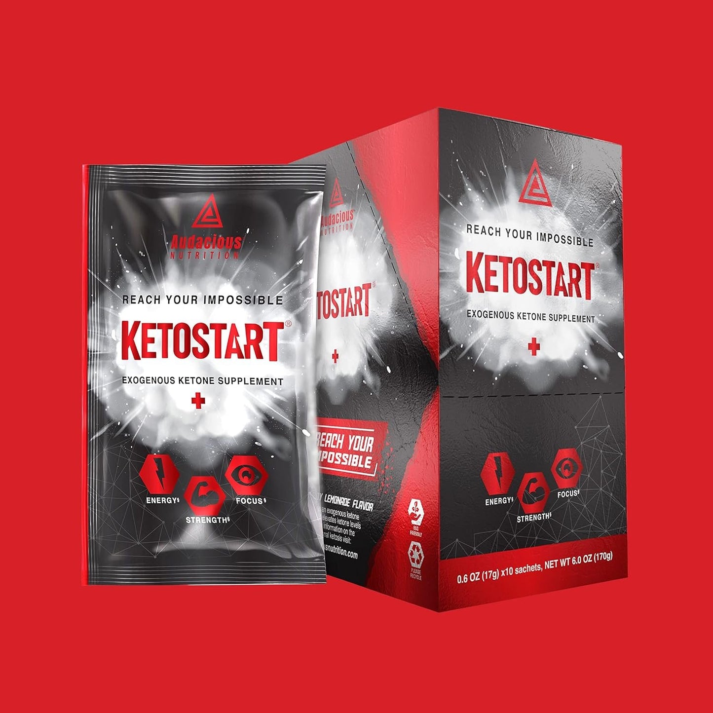 Audacious Nutrition KetoStart+ | Exogenous Ketones Powder with Electrolytes for Energy, Strength & Focus | Caffeinated | Raspberry Lemonade Flavored Electrolyte Powder (10 pa