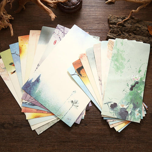 SCStyle 16 Cute Retro Envelopes 8.46 x 4.33 Inches 32 Lovely Kawaii Special Design Chinese Style Stationery Writing Letter Paper 10.2 x 7.3 Inches,Stationary Paper and Envelopes Set