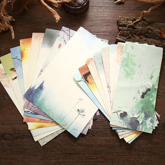 SCStyle 16 Cute Retro Envelopes 8.46 x 4.33 Inches 32 Lovely Kawaii Special Design Chinese Style Stationery Writing Letter Paper 10.2 x 7.3 Inches,Stationary Paper and Envelopes Set