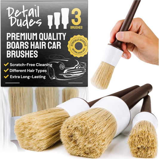 Soft Boars Hair Car Detailing Brush Set for Washing (3 Pack) - Car Detailing Kit - Automotive Cleaning Brush