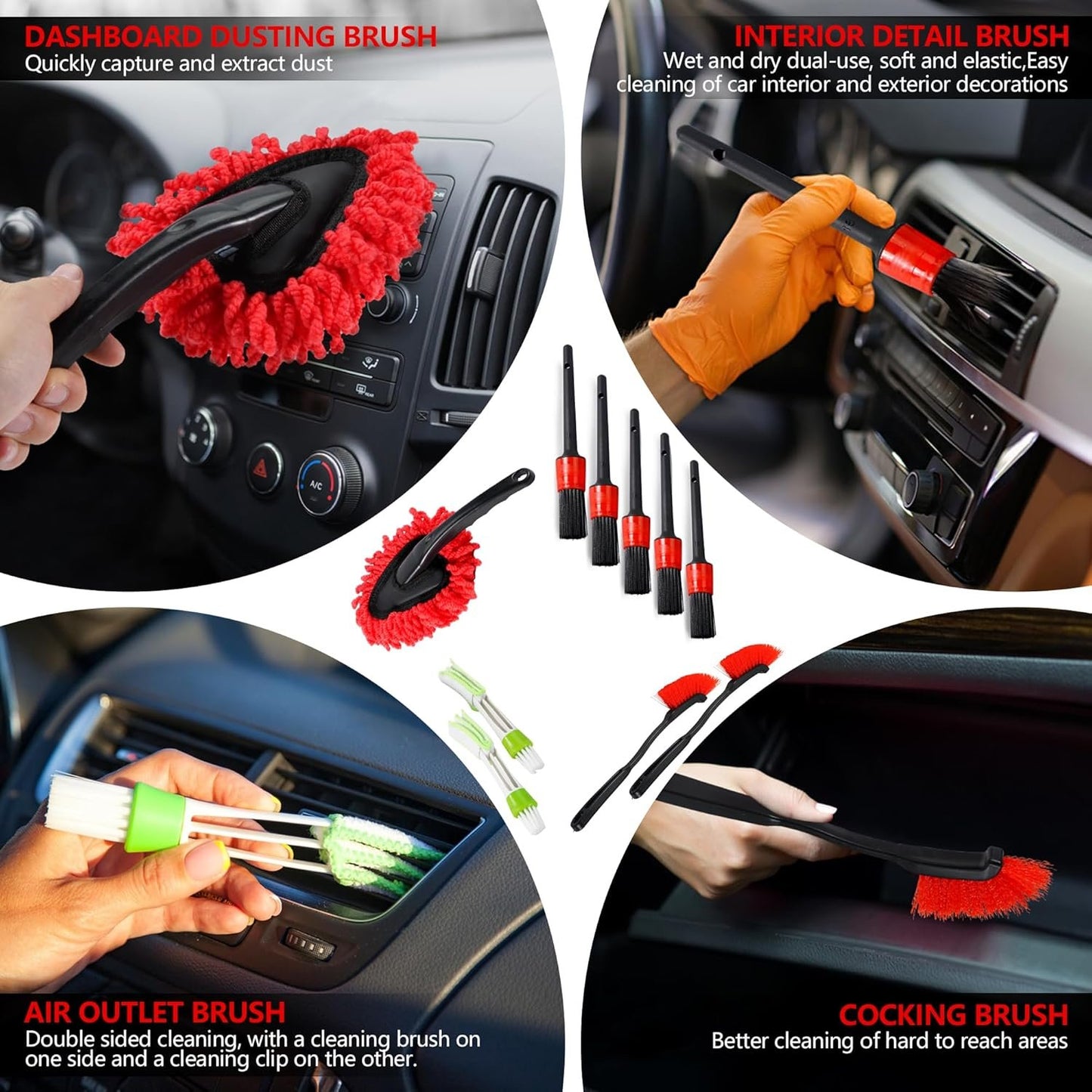 35Pcs Car Detailing Kit, Drill Brush Attachments with Detailing Brush Set and Tools Box, Red Auto Cleaning Kit Interior for Wheels, Dashboard, Windows (B：35PCS-R)