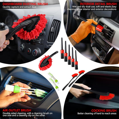 35Pcs Car Detailing Kit, Drill Brush Attachments with Detailing Brush Set and Tools Box, Red Auto Cleaning Kit Interior for Wheels, Dashboard, Windows (B：35PCS-R)
