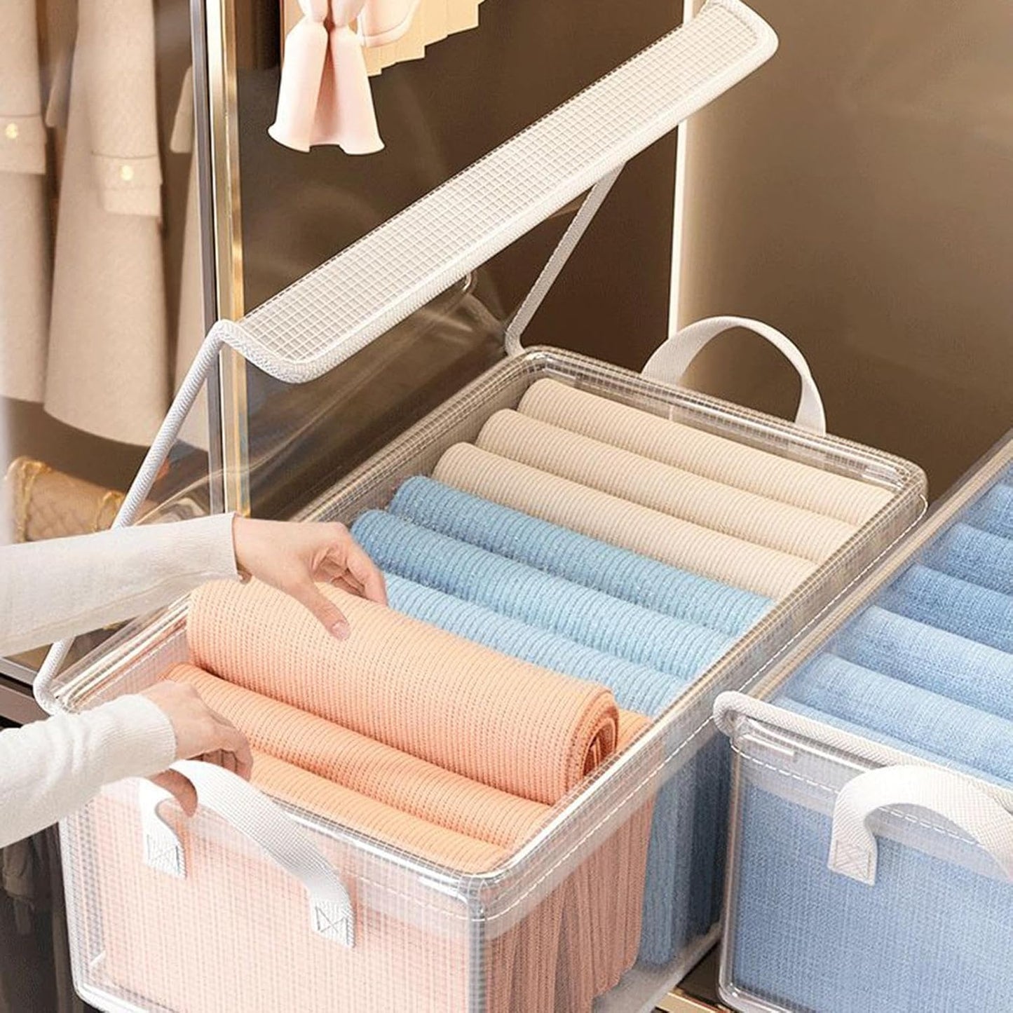 Rissunkv Blanket Organizer - Decorative Closet Organizers,Transparent Space-Saving Multi-Functional Stackable Container Box for Laundry Travel Packing Bedroom Closet Organization Clothing Moving House