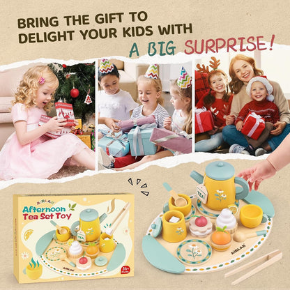 Tea Sets for Toddlers 3-5 Girl Birthday Gift 2 Year Old Princess Party Wooden Play Food Toy Sets for Kids Kitchen Accessories Age 3 4 5 6 Wood Educational Toys