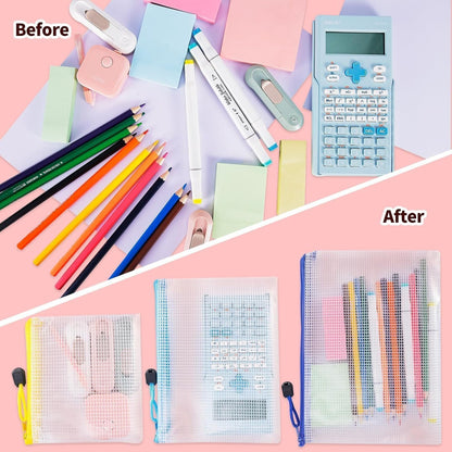 YSHIGUING 24pcs Mesh Zipper Pouch Bags Multipurpose Waterproof Zipper Bags Document Bag with 8 Different Sizesï¼ŒPlastic Zipper Bags for Organizing,Office, Travel, Home Board Game Storage
