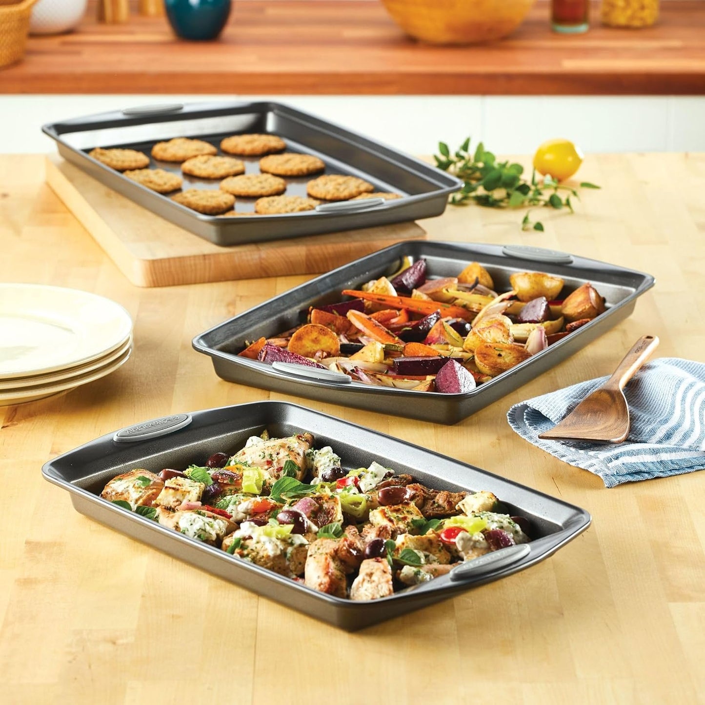 Rachael Ray 47577 3-Piece Cookie Pan Steel Baking Sheet Set, Sea Salt Gray Grips