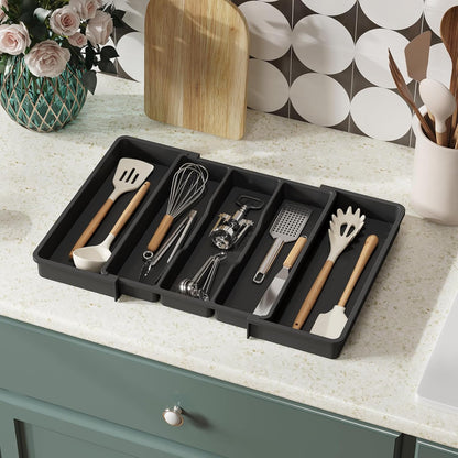 Lifewit Utensil Drawer Organiser,Expandable Large Cutlery Tray for Kitchen,kitchen storage & organisation,Silverware Flatware Holder, Plastic Kitchen Spatula Tools and Gadgets Storage Divider, Black