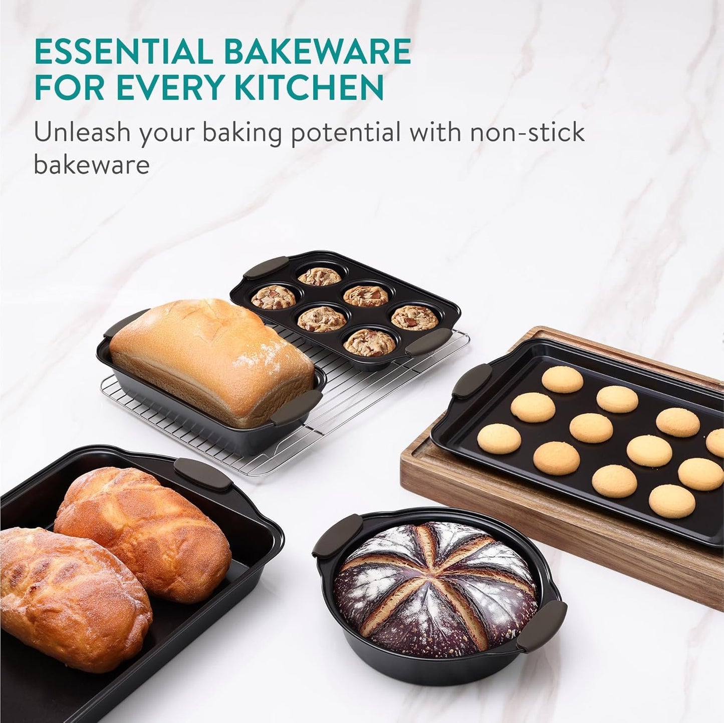 Navaris Non Stick Baking Trays, Set of 5 - Durable & Stackable Oven Baking Tray Kit - Bakeware Tins with Silicone Handles - Pans Ideal for Cake & Muffin Baking - Dishwasher Ready