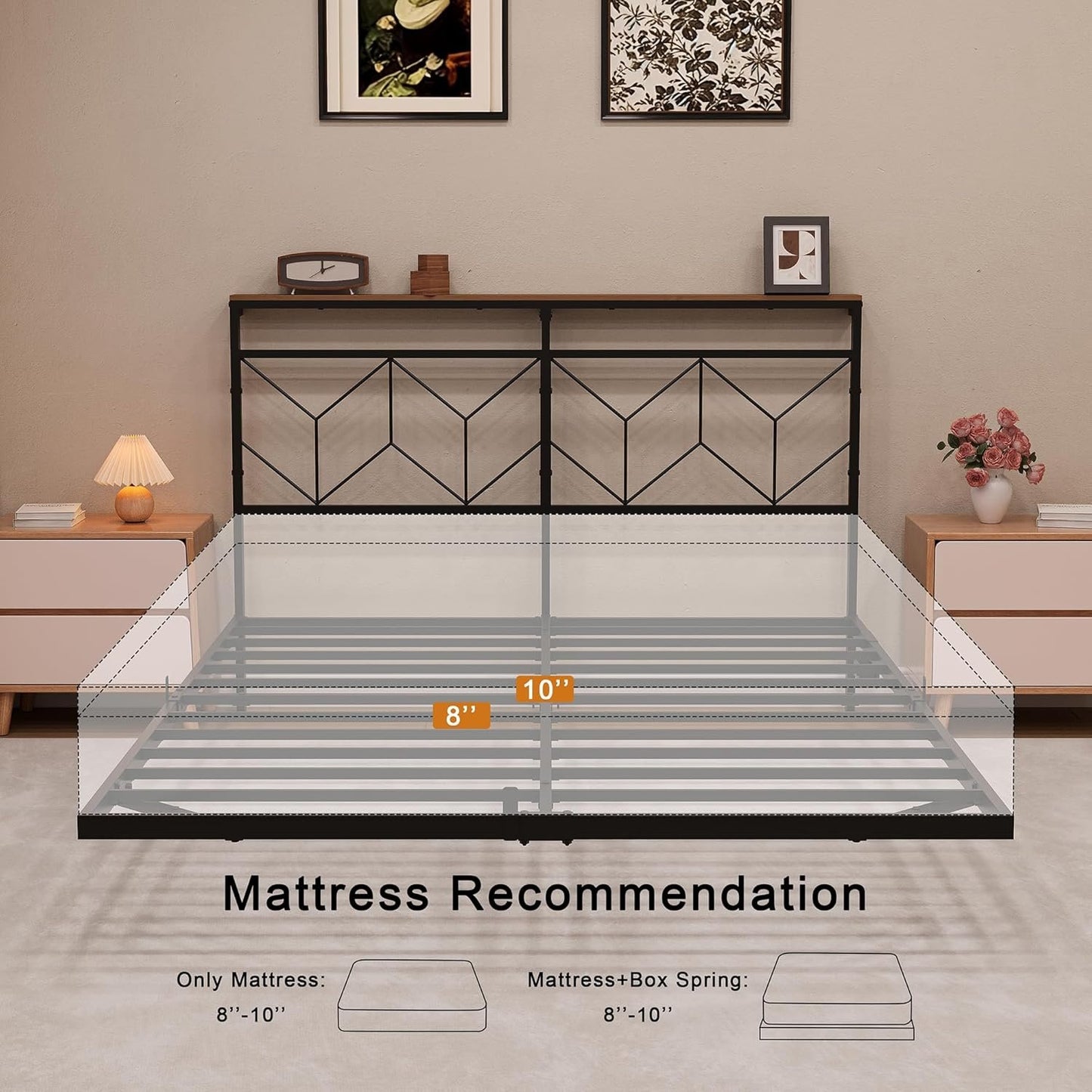 HAUSOURCE Twin Size Floating Bed Frame with Storage Headboard Metal Platform Bed Frame with LED Lights and Charging Station Easy Assembly No Box Spring Needed