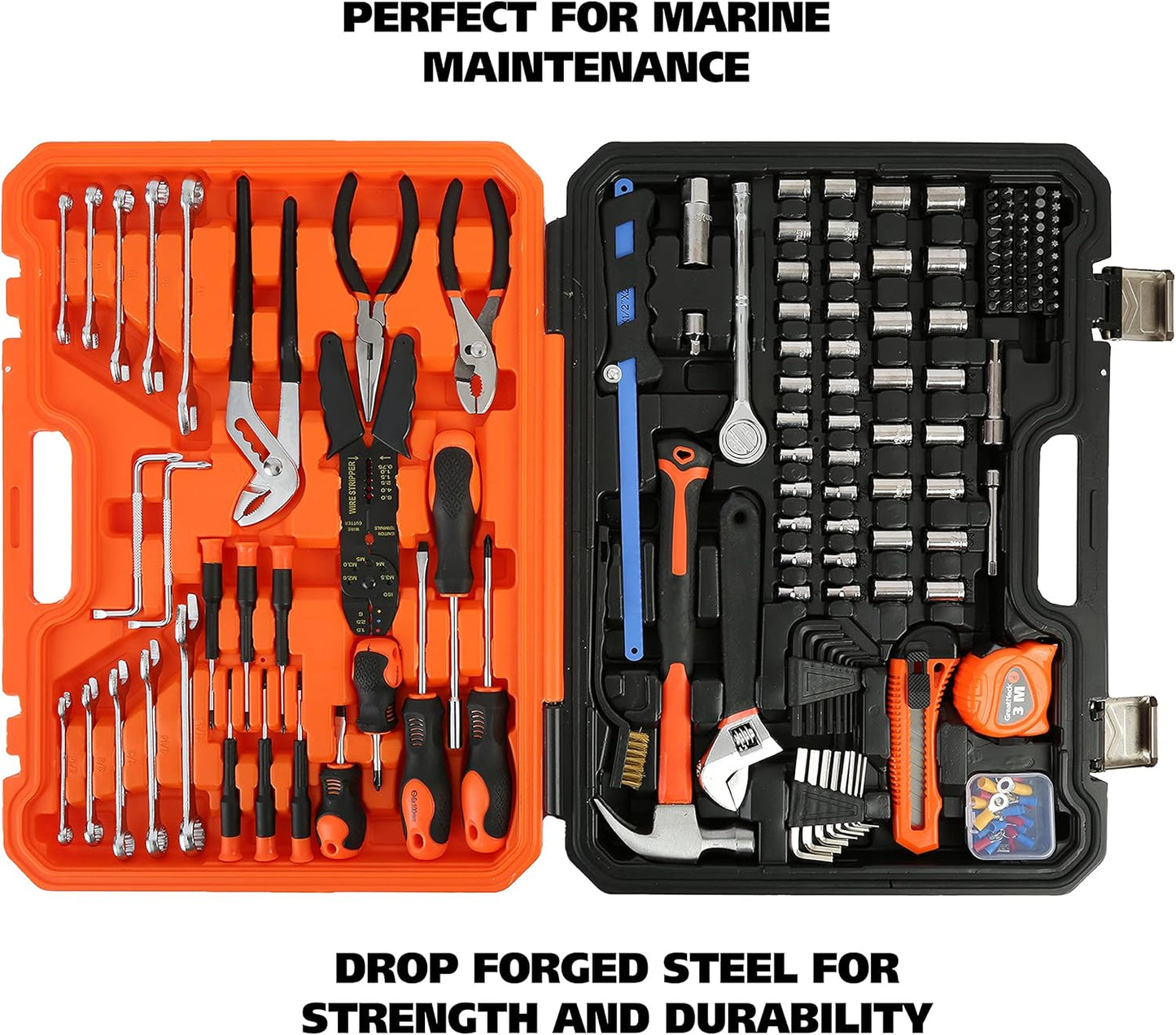 Great Neck 191 Piece Marine Tool Set, Versatile Boat Tool Kit, Water Resistant Marine Tool Kit Case, Emergency Marine Tool Kit for Boats, Chrome Plated, Orange (MS191)