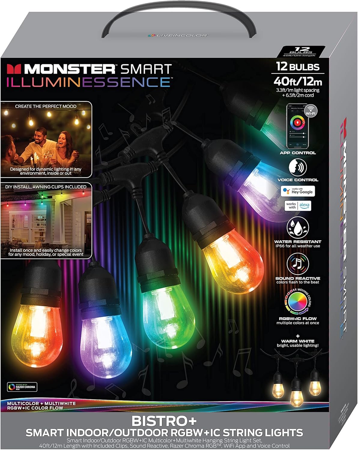 Monster Smart 40ft Bistro+ Patio String Light, Unique Multi-Color/LED Lighting, Indoor/Outdoor, Waterproof, Customizable Via Downloadable App, Compatible with Alexa/Google Assistant/Siri