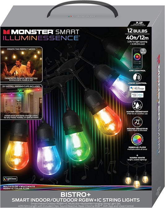 Monster Smart 40ft Bistro+ Patio String Light, Unique Multi-Color/LED Lighting, Indoor/Outdoor, Waterproof, Customizable Via Downloadable App, Compatible with Alexa/Google Assistant/Siri