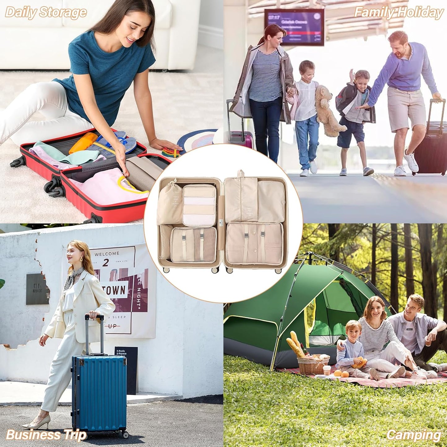 10 Pieces Space-Saving Suitcase Organizer (Beige) - Packing Cubes Set, Travel Suitcase Organizer, Useful Accessories for Holidays and Classification Underwear and Footwear