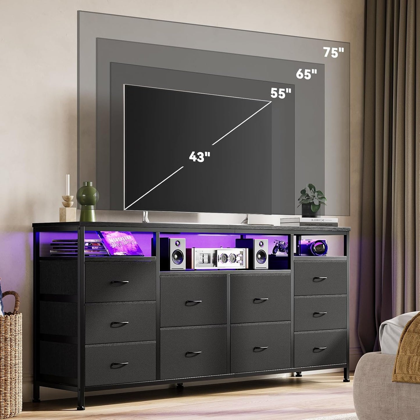 TV Stand with 10 Fabric Drawers for 65 70 75 Inches TV, 63" W Entertainment Center TV Console Table with LED Lights & Power Outlets & Open Storage Shelves