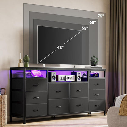 TV Stand with 10 Fabric Drawers for 65 70 75 Inches TV, 63" W Entertainment Center TV Console Table with LED Lights & Power Outlets & Open Storage Shelves