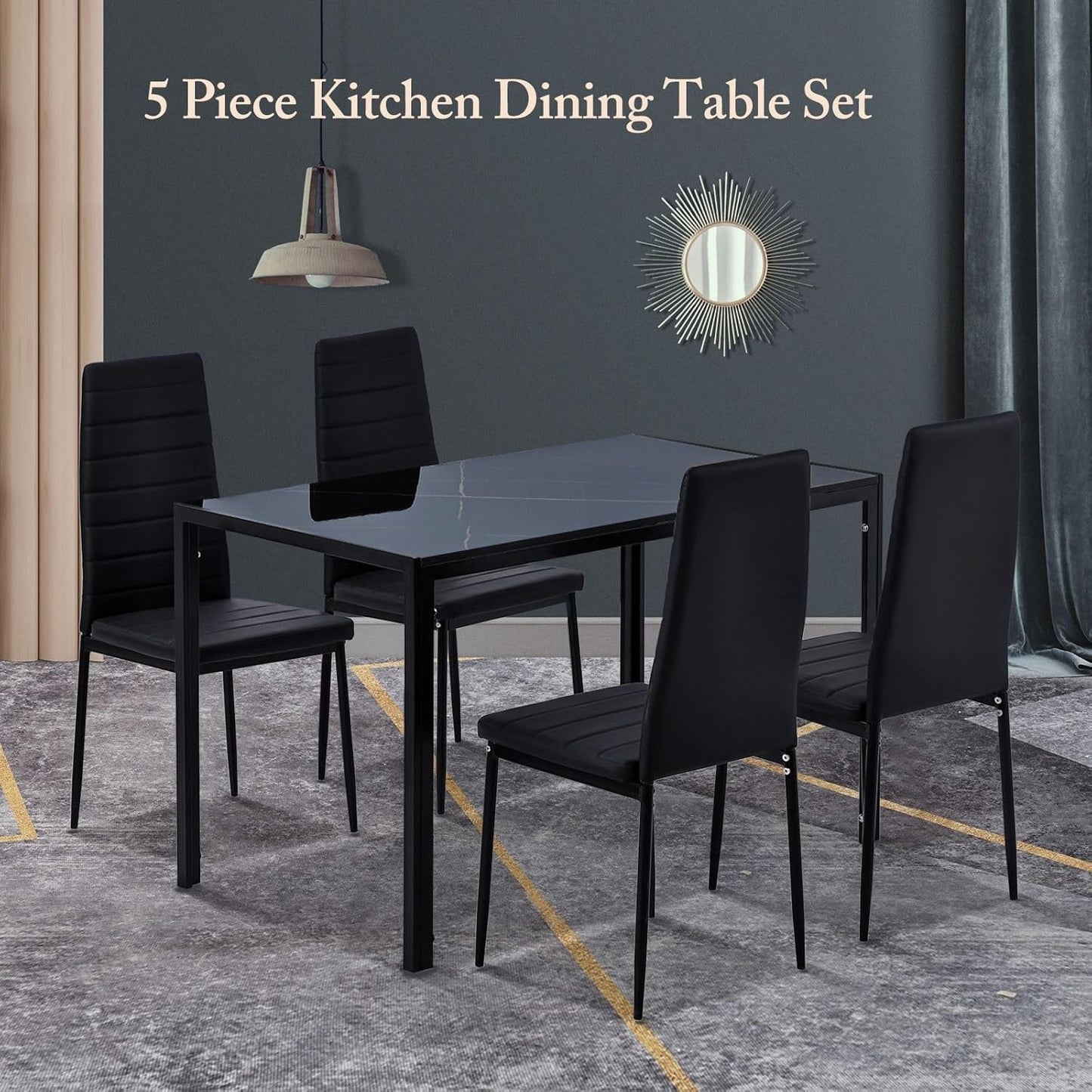 Luxsuite Dining Table Marble Tabletop Rectangular 120cm Modern Sintered Stone Glossy Marble Effect Top Dinner Tables 4 Seater with Tapered Metal Legs Dining Room Home Lounge Kitchen Black