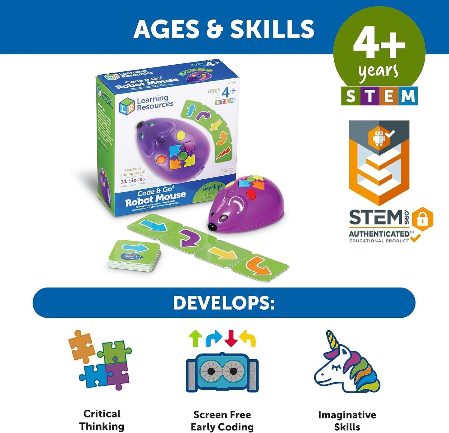Learning Resources Code and Go Robot Mouse, Coding STEM Toy, 31 Piece Coding Set, Screen Free Coding Toys for Kids, Ages 4 and up