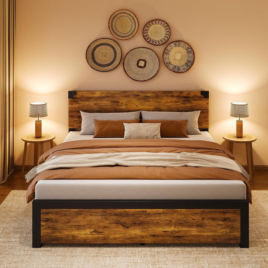 TrailBlaze Full Size Bed Frame with 4 Drawers, Full Bed Frame with Storage, Metal Platform Bed Frame with Headboard, Noise Free, No Box Spring Needed-Rustic Vintage