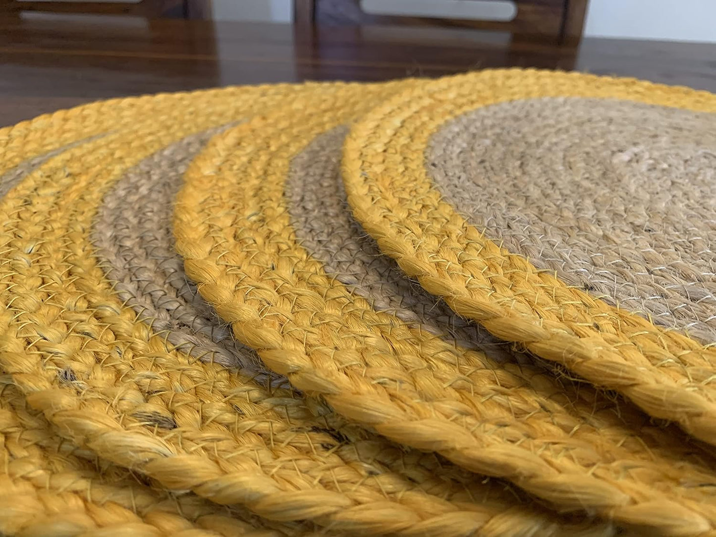 Nature4u 100% Jute Hand Braided Placemat Set of 6 Rustic Vintage Farmhouse Table top & Dining Table Round Placemat for Parties (14” Diameter, Natural /Ochre) Set of 6