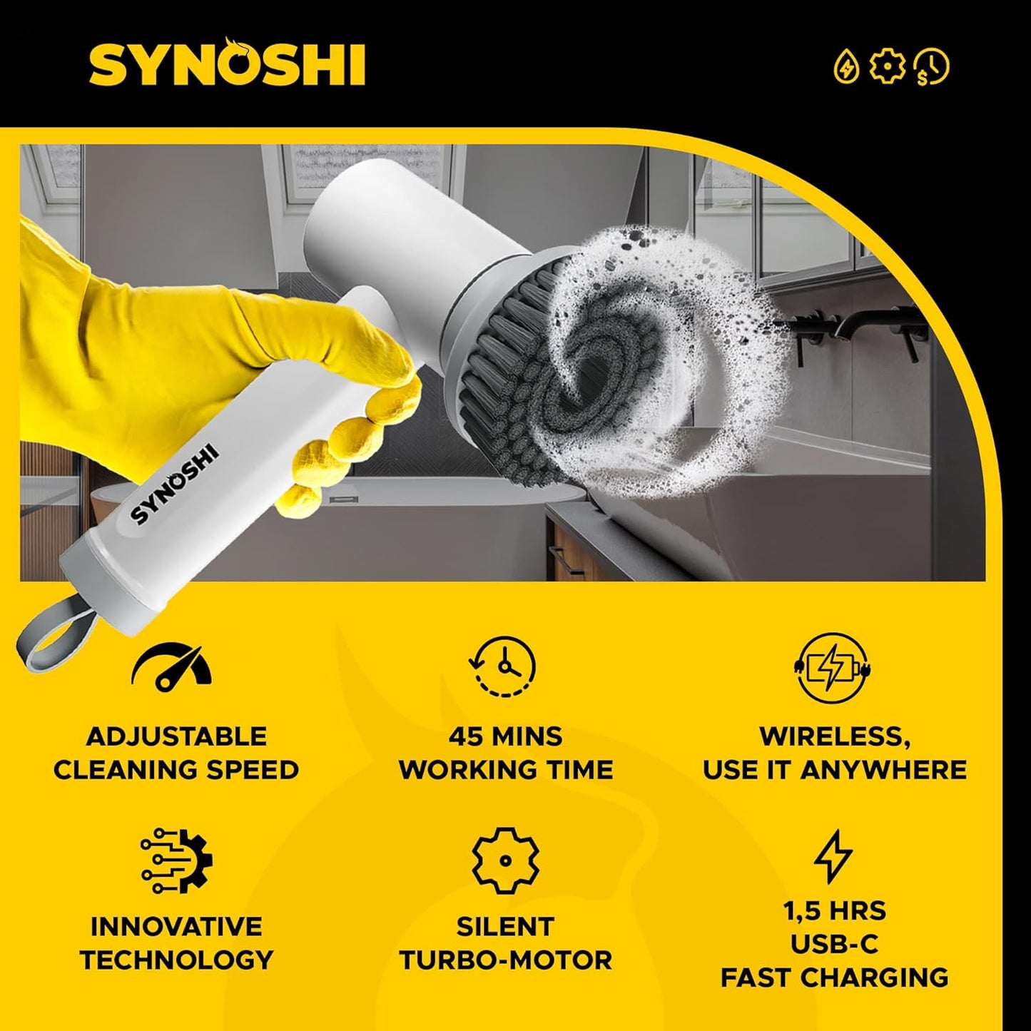 Synoshi Bathroom Set Electric Spin Scrubber with 3 Replaceable Cleaning Head + 2 Cone Brush Heads + 6 Sponge Brush Heads. Perfect for Hard to Reach Places and Smooth Surfaces in The Bathroom