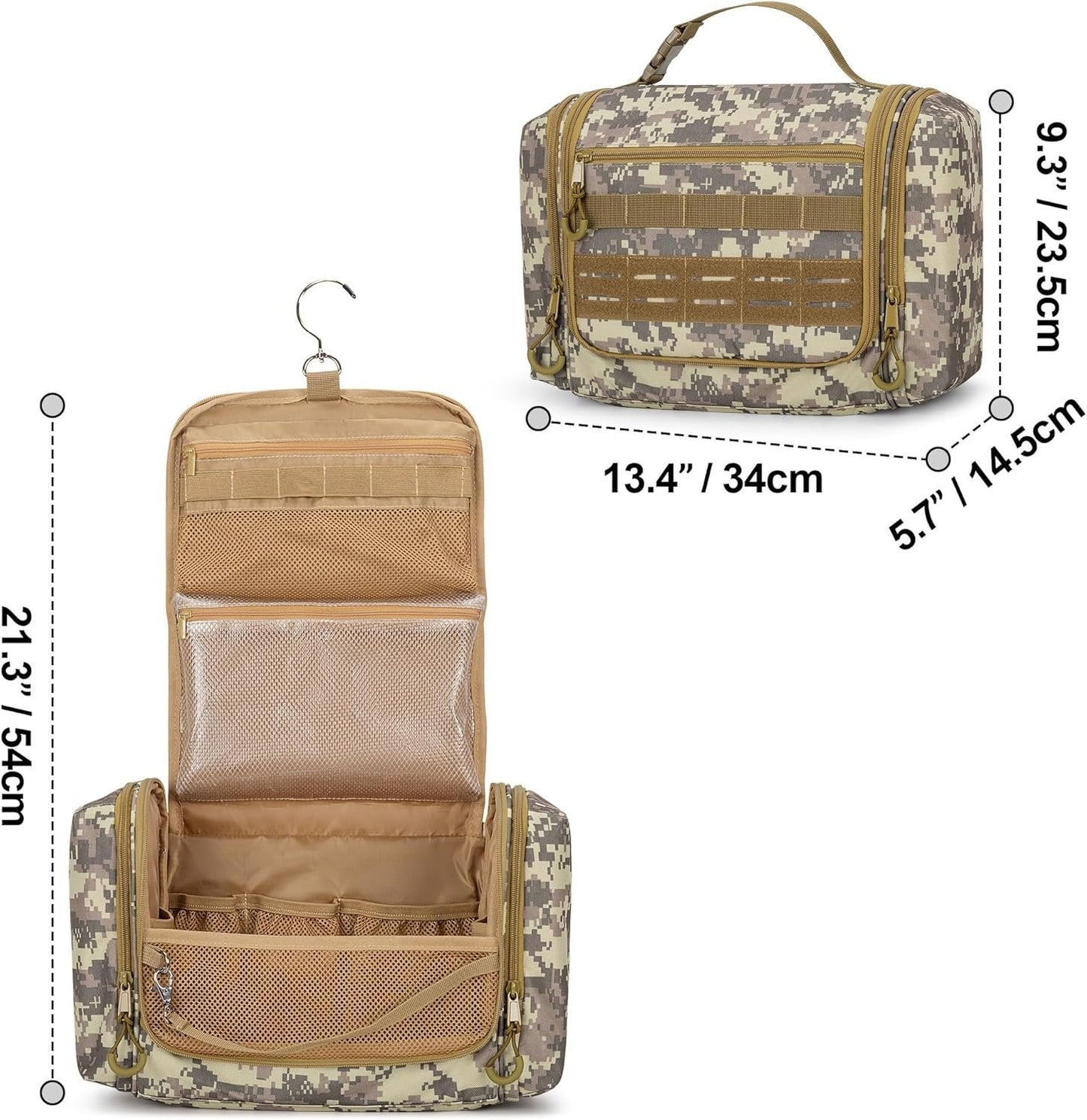 Prokva Tactical Toiletry Travel Bag for Men, Hanging Dopp Kit Hygiene Bag Shower Organizer with Hook for Toiletries and Shaving Care (Empty Bag), Desert Yellow