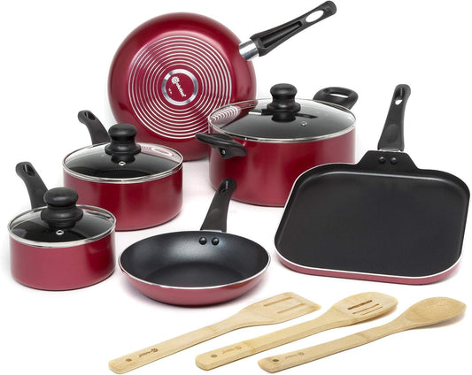 Ecolution Easy Clean Nonstick Cookware Set, Features Kitchen Essentials, Bamboo Cooking Utensils Set, Vented Glass Lids, Ergonomic Grip Handles, Made Without PFOA, Dishwasher Safe, 12-Piece, Red