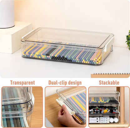 Citylife 2 Packs Clear Plastic Storage Boxes with Lids Stackable Storage Containers with Latches Portable Project Case Clear File Box for Organizing Documents, A4 Paper, Art Supplies and Crafts