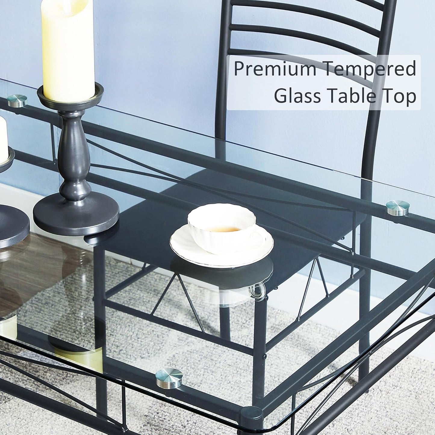 VECELO Kitchen Dining Room Table and Chairs Set for 4, PU Padded Seat & Glasses Tabletop, Space Saving, Matte Black