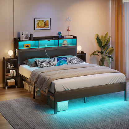 Rolanstar Bed Frame Queen Size with Bookcase Storage Headboard, Slide Out Bedside Storage Table, Bed with Charging Station & LED Lights, Heavy Duty Metal Slats, No Box Spring Needed, Noise Free, Black