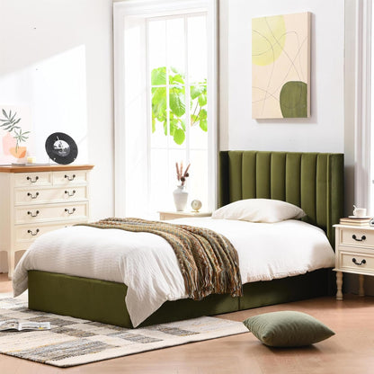YUHUASHI Twin Size Hydraulic Storage Bed, Upholstered Platform Bed Frame, Modern Wingback Design Headboard, Velvet Fabric with Hydraulic Support Bars, No Box Spring Required (Grass Green, Twin)