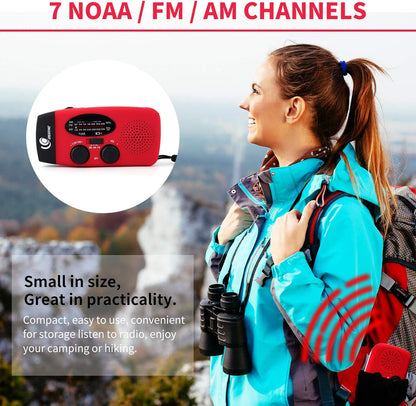 Great One Emergency Hand Crank Self Powered AM/FM NOAA Solar Weather Radio with LED Flashlight, 1000mAh Power Bank for iPhone/Smart Phone 088 red