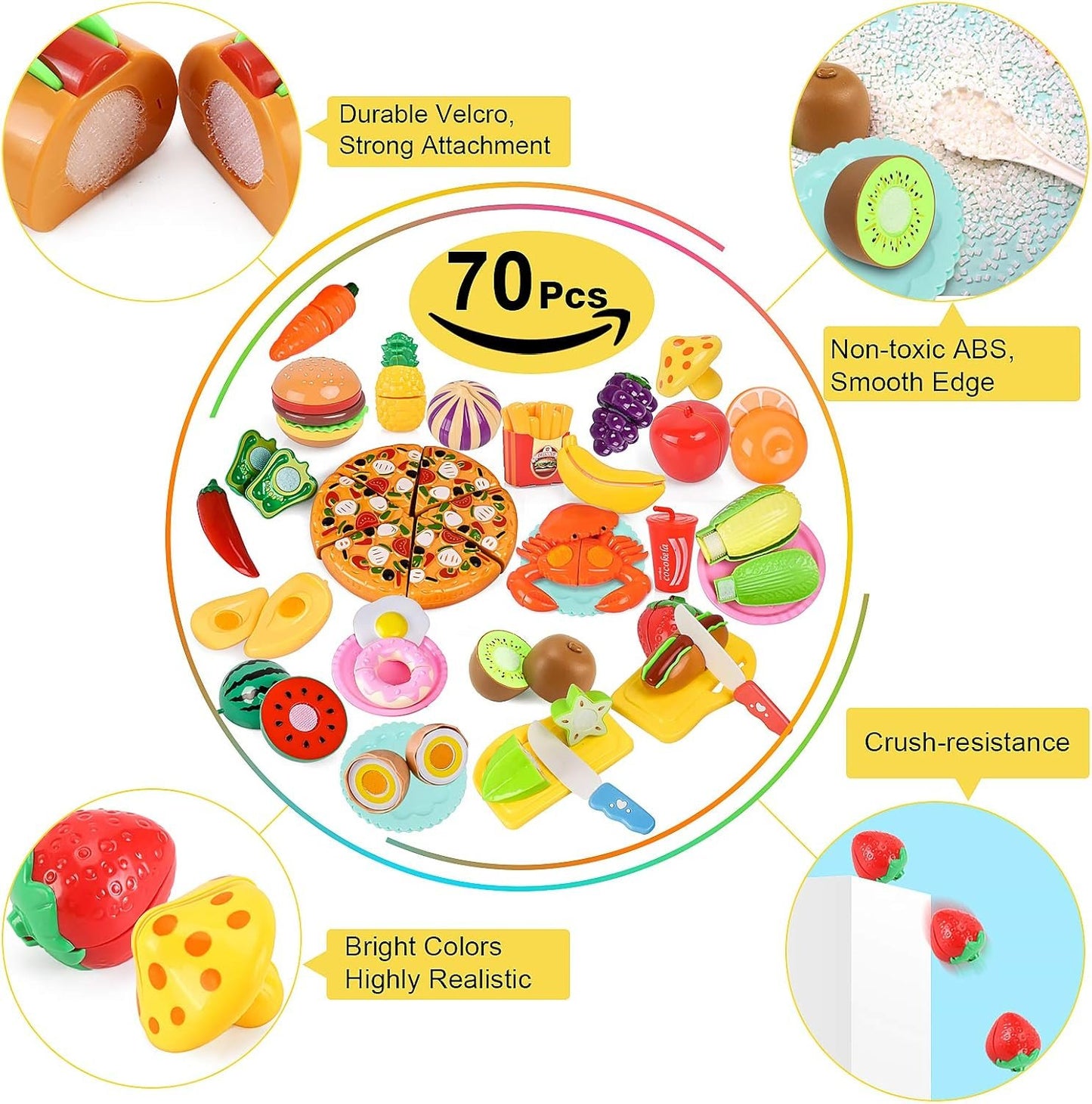 70PCS Pretend Play Food Sets for Kids Kitchen Toys Accessories Set BPA Free Plastic Pizza Toy Food Fruits and Vegetables Dishes Playset Christmas Birthday Gift Toys for Toddlers Boys Girls Storage Box