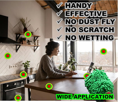 QUALIALL, Green Chenille Microfiber Dusting Mitt, 10.5x8 Inch, Electrostatic, Reusable, Scratch-Free, No-Dust Fly Duster for Sensitive Surfaces