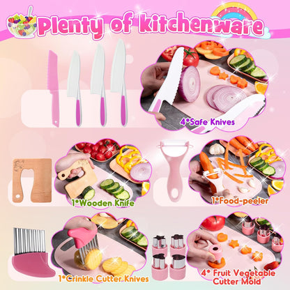 Kids Knife Set for Girls, Vingtank Real Cooking Toys for 3 4 5 6 7 Year Old Girl Gifts Montessori Kitchen Tools for Toddlers Girls Toys Age 3-5 4-6 Cutting Board Safe Knives Birthday Gift Pink