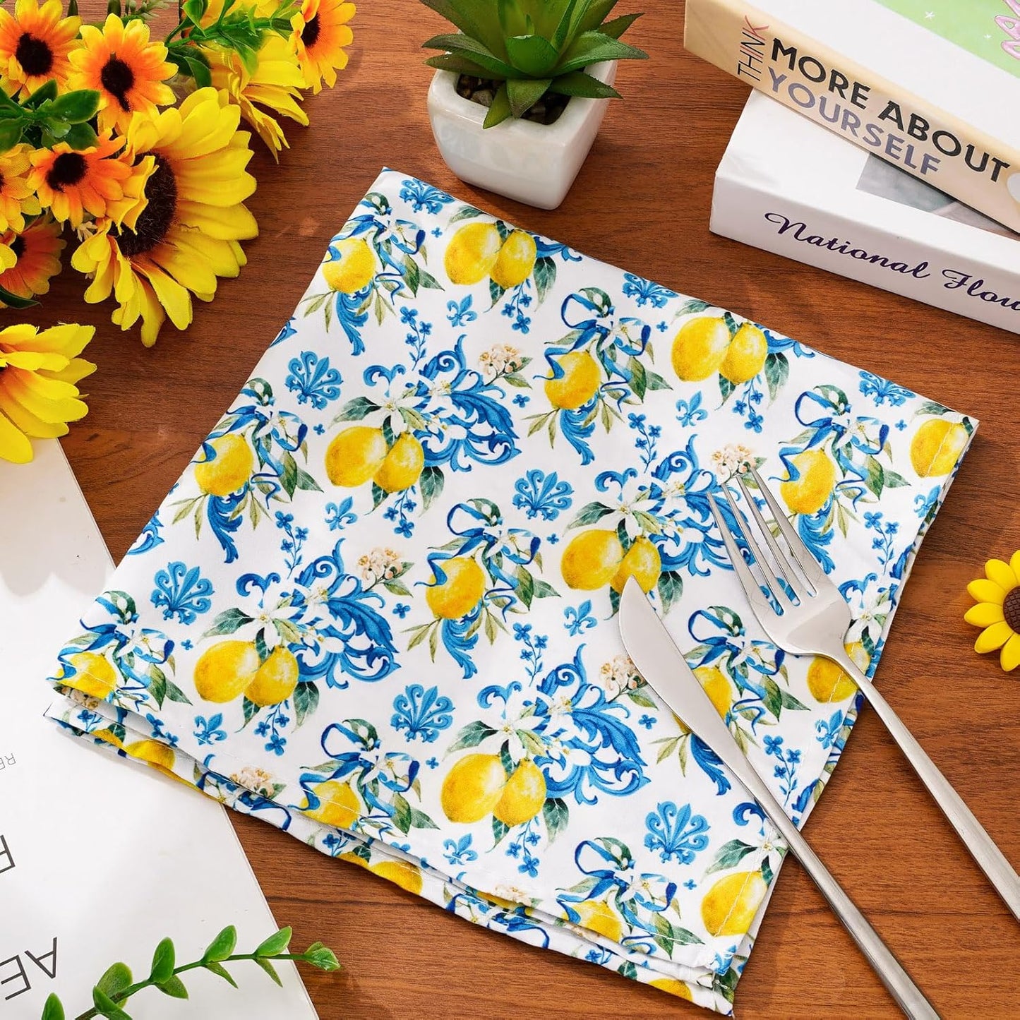Whaline Lemon Cloth Napkin Italian Lemon Blue Tiles Reusable Dinner Napkin 18 x 18 Inch Kitchen Table Top Collection for Party Dining Table Decor, Set of 4