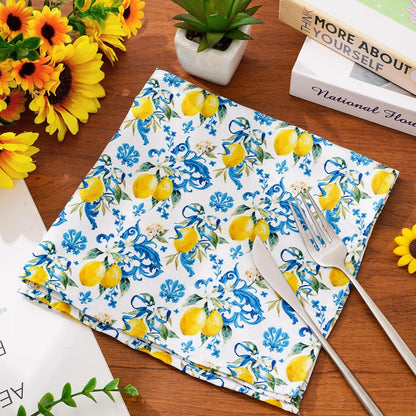 Whaline Lemon Cloth Napkin Italian Lemon Blue Tiles Reusable Dinner Napkin 18 x 18 Inch Kitchen Table Top Collection for Party Dining Table Decor, Set of 4