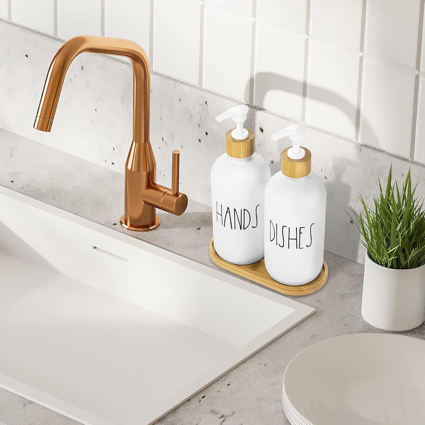 Hand and Dish Soap Dispenser for Kitchen by Brighter Barns - White Kitchen Soap Dispenser Set with Tray - Farmhouse Glass Soap Dispenser - Cute Housewarming, Wedding, Boho Home Decor