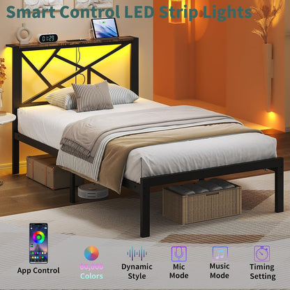 ChicZhiNest Twin Size Black Metal Bed Frame with USB Charging Station, LED Ambient Lighting, and Wooden Storage Headboard - Includes Under-Bed Storage, No Box Spring Needed, Noise Free, Easy Assembly