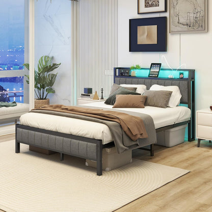 VERFARM Double Bed Frame with LED Lights Storage Headboard and USB Charging Station,Metal Upholstered Platform Bed Frame Double with Storage No Box Spring Needed,Strong Steel Slats,Noise Free,Grey