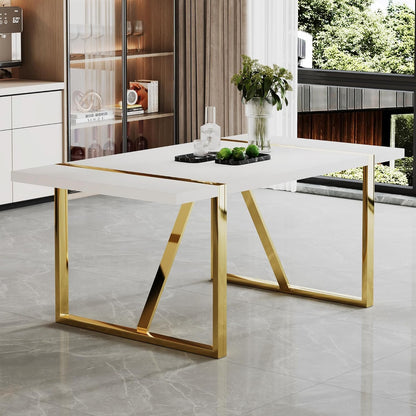 CTPNMCIN Modern Dining Table, 55'' Dining Room Table for 4-6 People, White Wood Tabletop with Gold Metal Legs, Suitable for Small Space