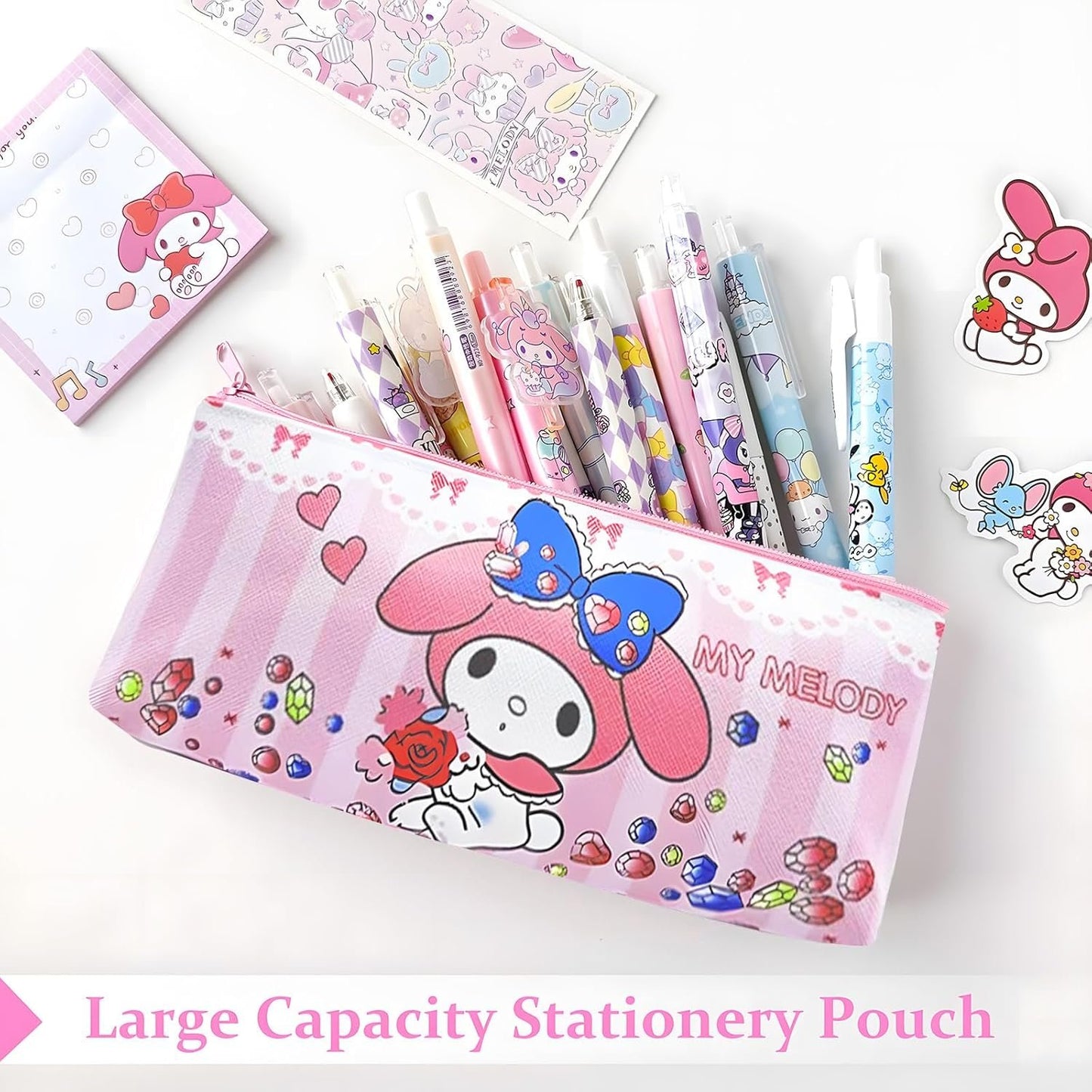 Melody School Supplies Set, Kawaii Cute Stationery Gift Set Including Gel Pens, Notebook,Pen Case,Stickers,Pins Badge,Lanyard,Sticky Note,Bookmark, Perfect Easter Birthday School Season Gifts for Kids