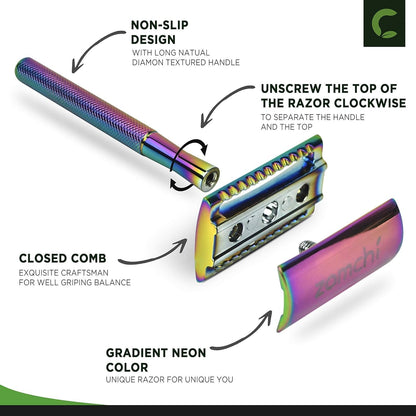 Zomchi Double Edge Safety Razor – Shaving Razor for Women and Men with 5 Blades – Plastic-Free Metal Safety Razor Blades – Superb Rainbow Effect Women Shaver – Reusable and Recyclable