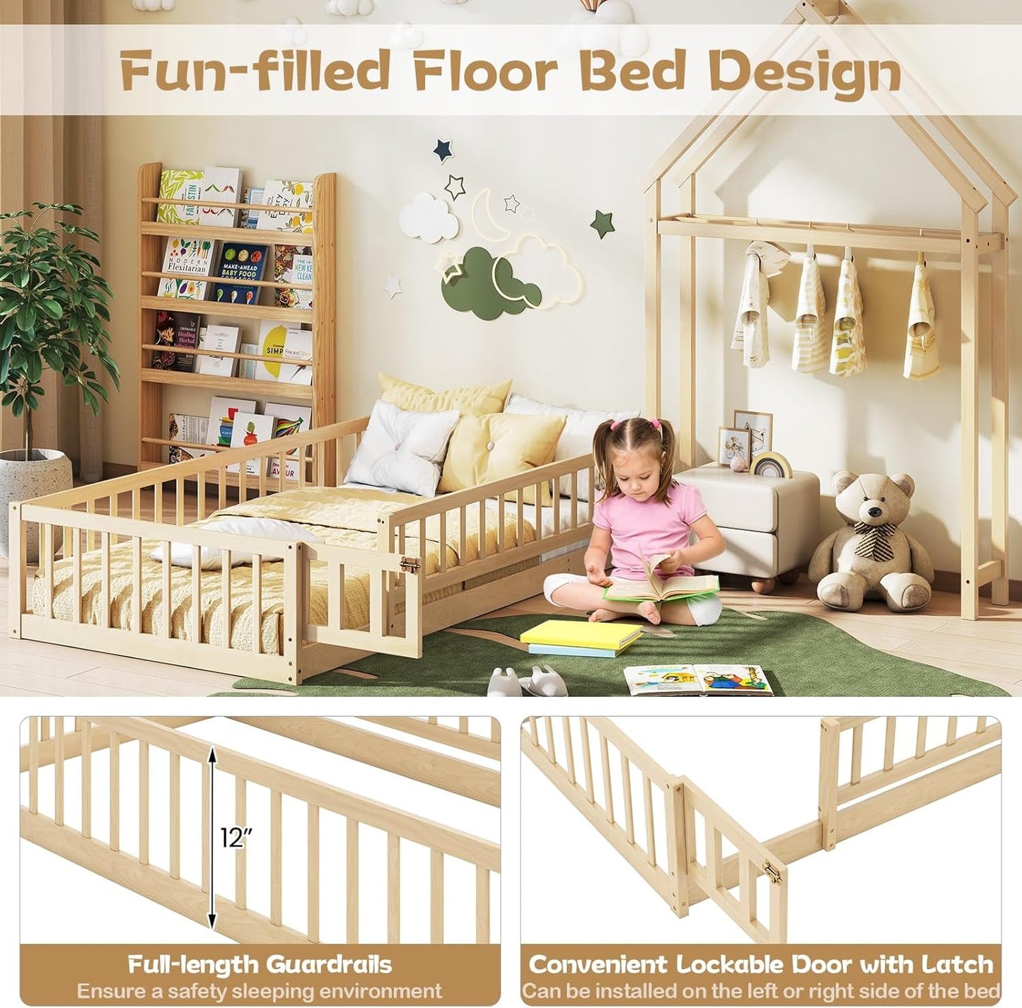 KOMFOTT Twin Size Floor Bed with House-Shaped Headboard, Kids Montessori Floor Bed with Detachable Clothes Hanger, Full Length Safety Guardrails, Door & Latch, Solid Wood Floor Bed Frame